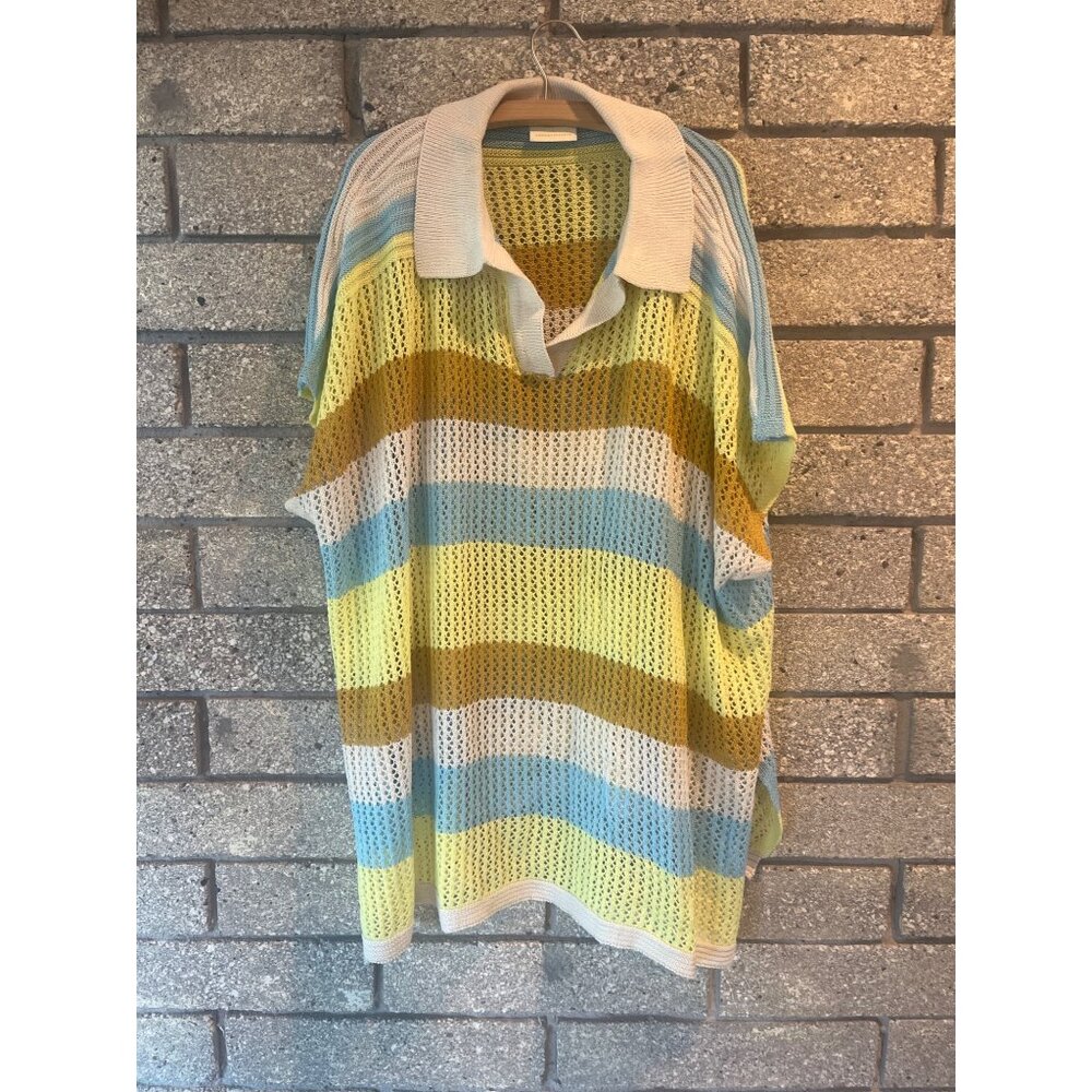 Maeve By Anthropologie Womens Open-Knit Striped Polo Sweater Top In Yellow/Blue/